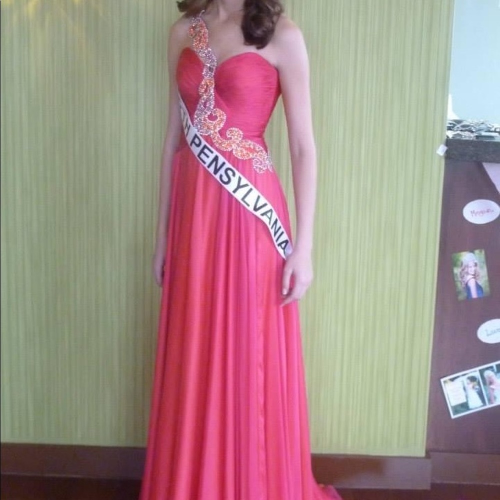 Sherri Hill Custom One of a Kind Pink Orange Gown Rhinestone Pageant Prom Gown